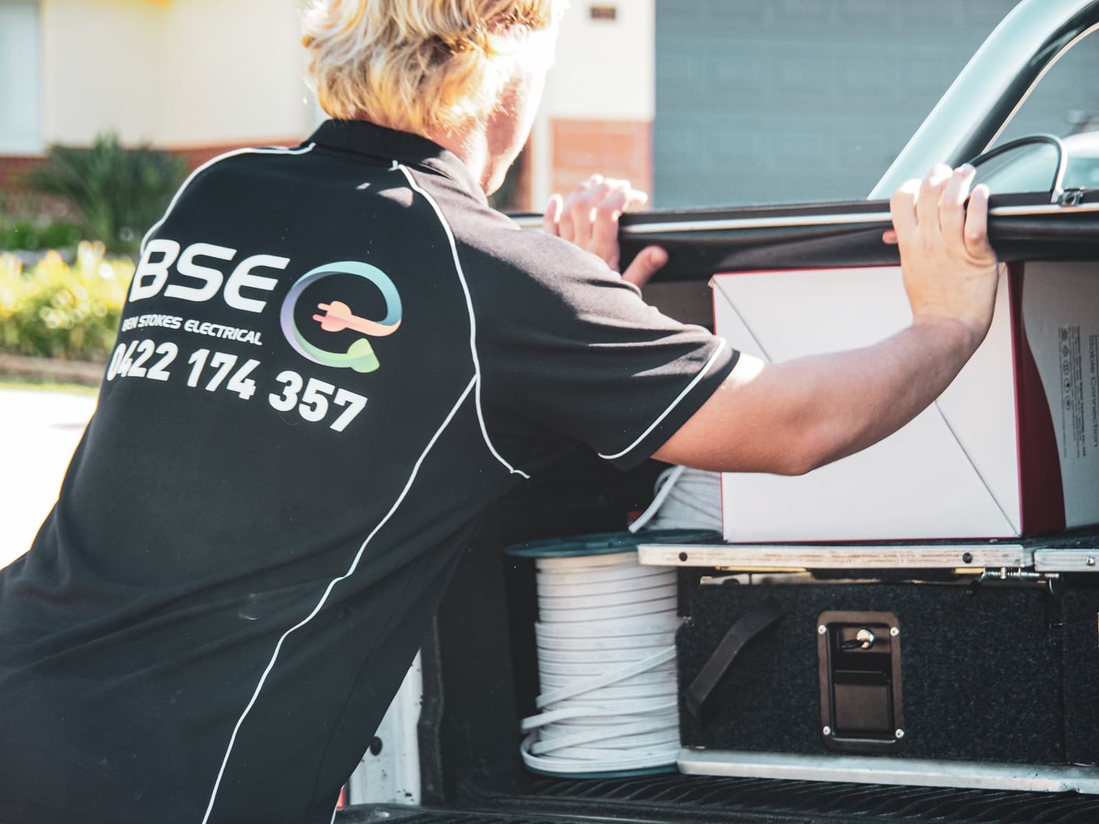 Ben Stokes Electrical van at a Newcastle home for an outdoor lighting job