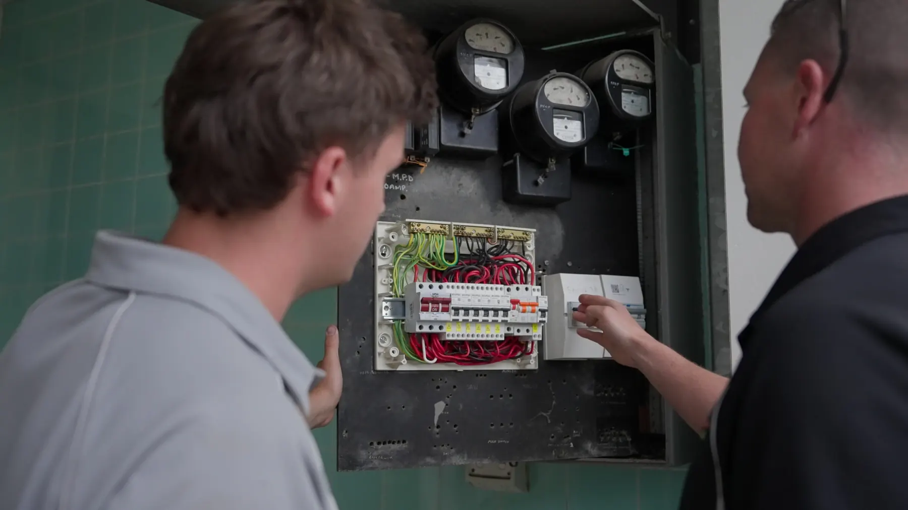 Ben and a crew member working on an old switchboard with three meters